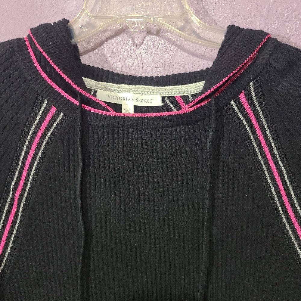 Victoria's Secret Soft Black Ribbed Knit Hoodie Womens M Black Pink Stripe